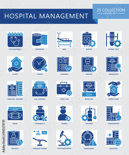 Hospital management dual tone icons set. contain calendar, appointment, doctor, nurse, diagnostic, clinic and more. Vector EPS 10 for print, digital UI, UX kit, web and app for business management