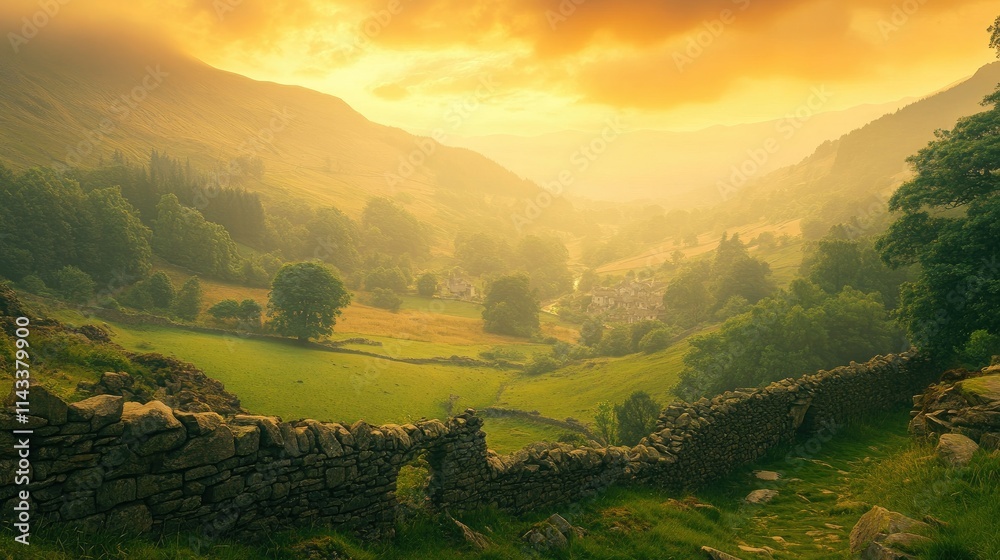 Obraz premium Serene Sunset Over Rolling Hills and Stone Wall in Countryside Landscape