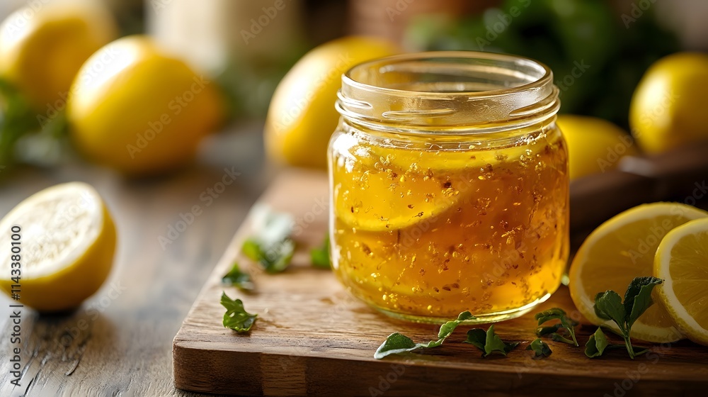 Glass jar of lemon marmalade with fresh lemons and herbs on a wooden surface. Glass jar of lemon marmalade with fresh lemons and herbs on a wooden surface.