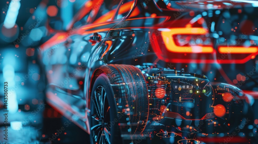 Double exposure silhouette with car electronics and sensors, AI generated image Double exposure silhouette with car electronics and sensors, AI generated image