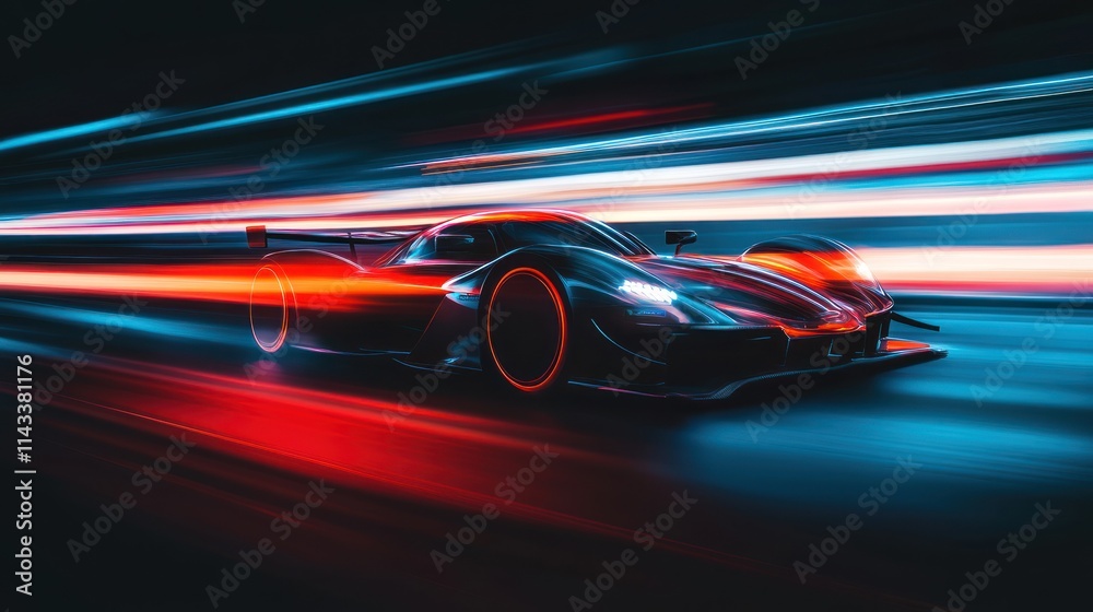 A dynamic racing car in motion, surrounded by vibrant light trails. A dynamic racing car in motion, surrounded by vibrant light trails.