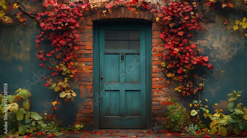 Teal door in brick wall  covered in autumn leaves.