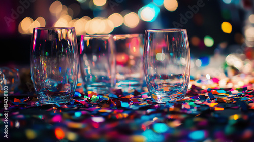 The aftermath of a celebration, with confetti, empty glasses, and a sense of fun had