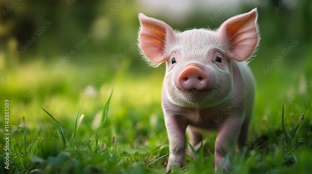 Cute piglet in a grassy field. Concept of farm animals, nature, and adorable. Cute piglet in a grassy field. Concept of farm animals, nature, and adorable.