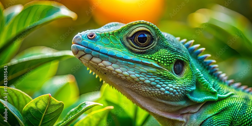 Fototapeta premium A close-up portrait of a green lizard with a vibrant turquoise hue, its gaze directed to the side, captured in a moment of stillness amidst a backdrop of lush foliage.