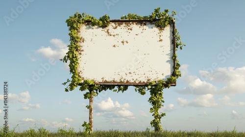 Old blank billboard covered in greenery against a clear sky. photo