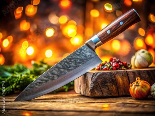 Bokeh Photography: Chef Knife & Whetstones on Rustic Wood - Culinary Still Life photo