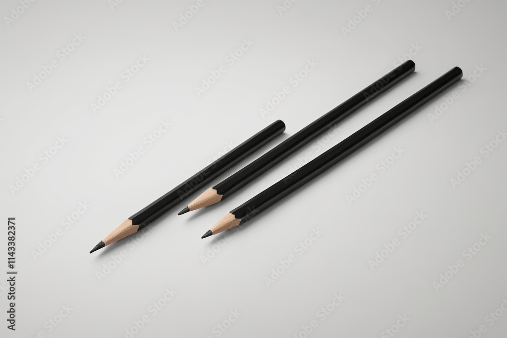 three black pencils are lined up on a white surface three black pencils are lined up on a white surface