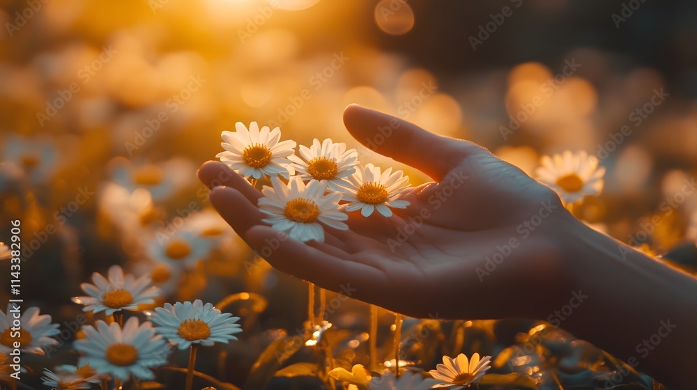 A delicate hand holding daisies at sunset, radiating warmth and tranquility. A delicate hand holding daisies at sunset, radiating warmth and tranquility.
