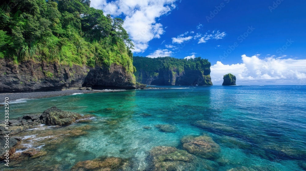 Scenic Coastal Landscape with Clear Blue Water and Lush Cliffs Scenic Coastal Landscape with Clear Blue Water and Lush Cliffs