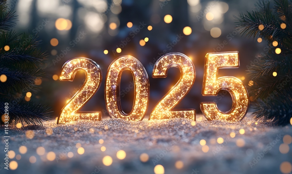 Glowing 2025 year number on snowy ground with bokeh lights. Glowing 2025 year number on snowy ground with bokeh lights.
