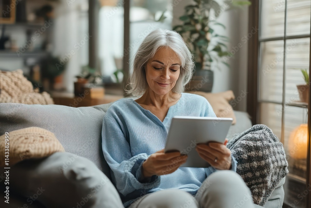 Cheerful elderly woman sitting on a gray couch using a tablet at home smiling enjoying digital communication and reading an electronic book in a cozy Scandinavian living room Cheerful elderly woman sitting on a gray couch using a tablet at home smiling enjoying digital communication and reading an electronic book in a cozy Scandinavian living room