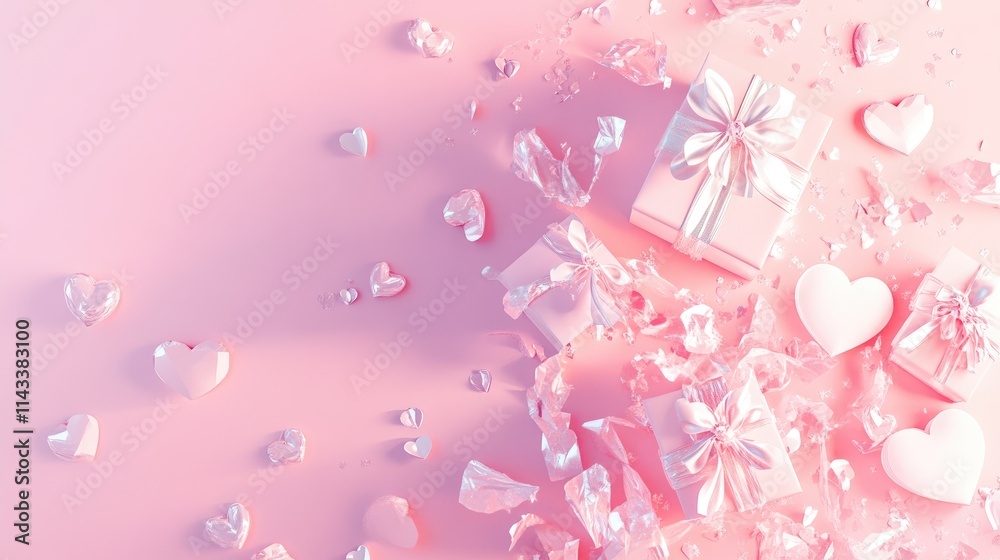 Romantic Gift Boxes with Hearts on Soft Pink Background Romantic Gift Boxes with Hearts on Soft Pink Background