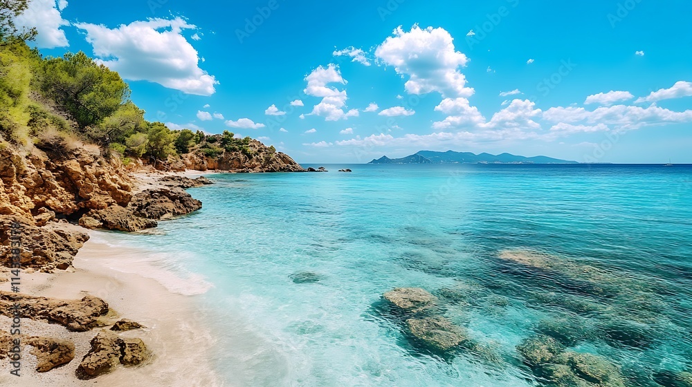 Fototapeta premium Beautiful Mediterranean Beach. Turquoise Water, Sunny Day, Vacation Concept.