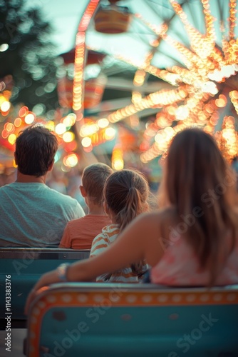 Family enjoys a summer evening at the amusement park, captivated by vibrant lights and rides in the background. Generative AI photo