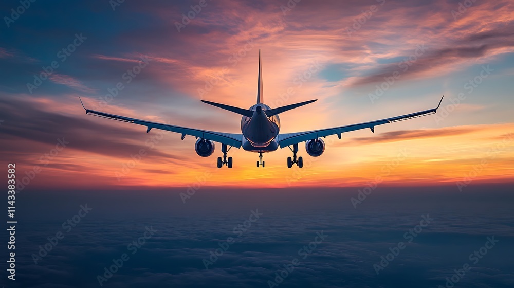 Airplane Taking Off at Sunset. Concept of Travel, Adventure, and Freedom. Airplane Taking Off at Sunset. Concept of Travel, Adventure, and Freedom.