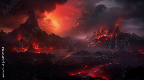 A dramatic volcanic landscape with flowing lava, billowing smoke, and glowing red light illuminating the surrounding rocky terrain. 