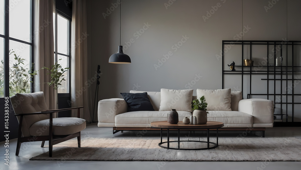 Modern Living Room with Beige Sectional Sofa and Metal Shelving Unit