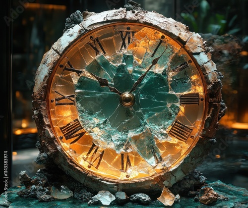 Broken Clock and Shards of Glass Time Distortion Fragmented Surrealism Dramatic Light and Shadow photo