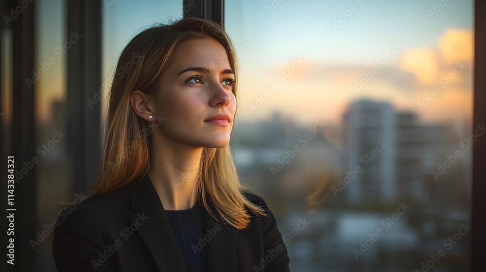 Young Caucasian woman in professional attire gazes thoughtfully from a modern office. Young Caucasian woman in professional attire gazes thoughtfully from a modern office.