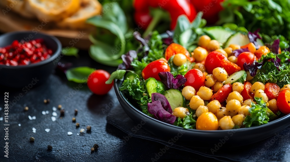 Colorful salad with cherry tomatoes, chickpeas, and fresh greens on a dark surface. Colorful salad with cherry tomatoes, chickpeas, and fresh greens on a dark surface.
