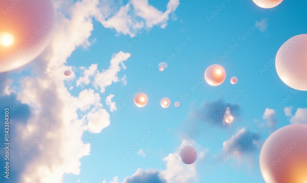 A serene sky filled with glowing orbs amidst soft clouds. A serene sky filled with glowing orbs amidst soft clouds.