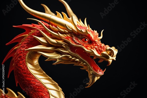 there is a red and gold dragon statue on a black background
