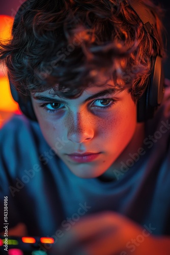 Focused young gamer intensely engaged in competitive play at a colorful gaming setup during nighttime. Generative AI