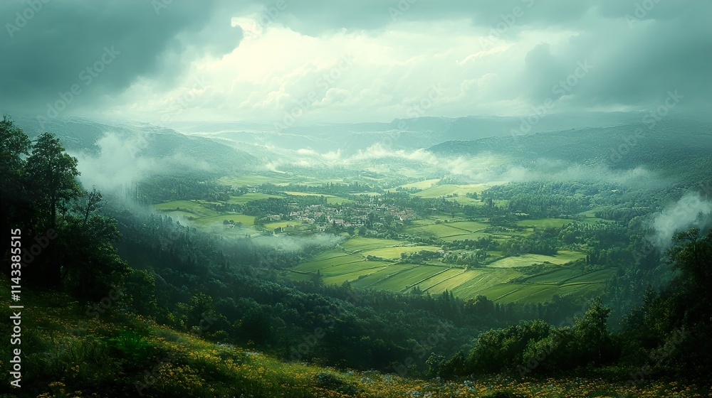 Obraz premium Misty Valley Landscape: Serene Countryside View