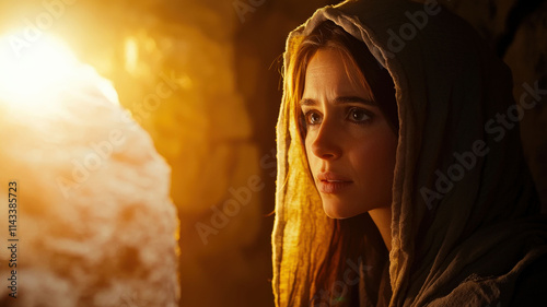 A tender portrayal of Mary Magdalene discovering the empty tomb at dawn, featuring soft lighting and a deeply emotional expression that captures the profound moment of realization and hope.