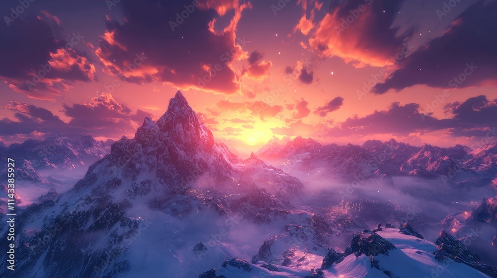 Obraz premium Majestic Mountain Sunrise Over Snow-Covered Landscape in Pink Sky