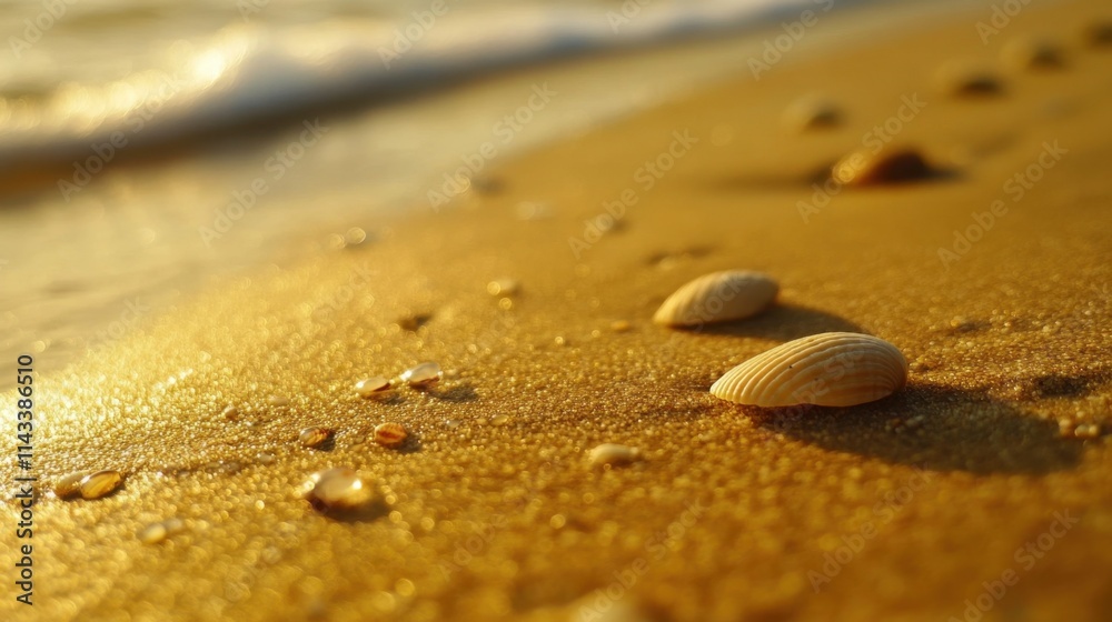 Close-Up of Seashells on Sand with Gentle Waves in Background Close-Up of Seashells on Sand with Gentle Waves in Background