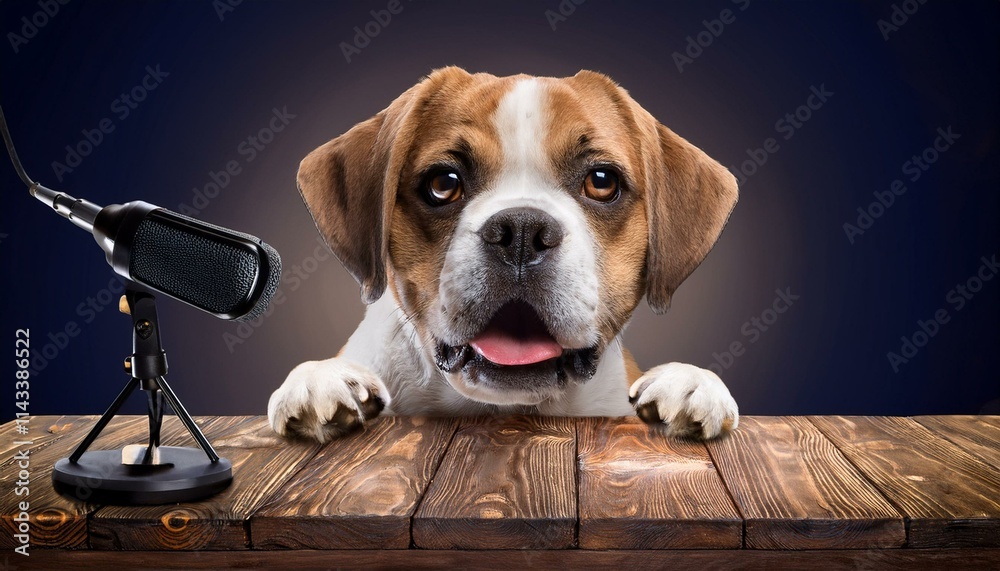 Adorable dog singing speaking into a retro microphone recording a podcast Adorable dog singing speaking into a retro microphone recording a podcast