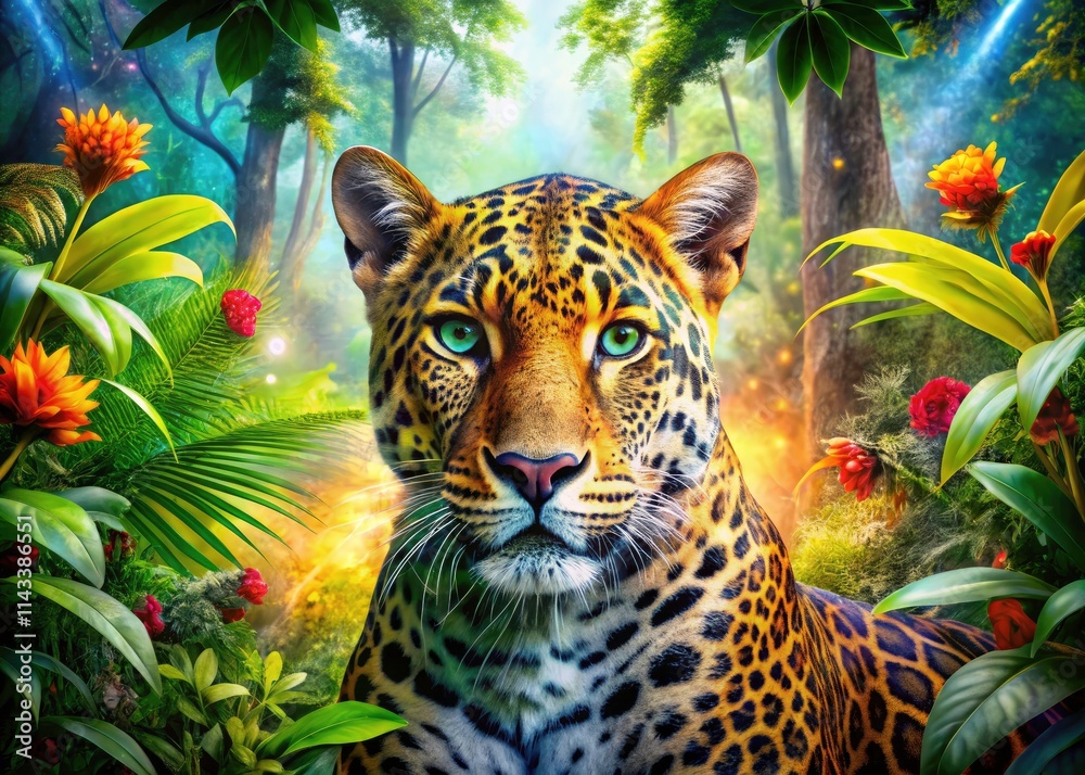 Fototapeta premium Double Exposure Leopard Jungle Coloring Book Page: Wild Cat Art, Animal Illustration