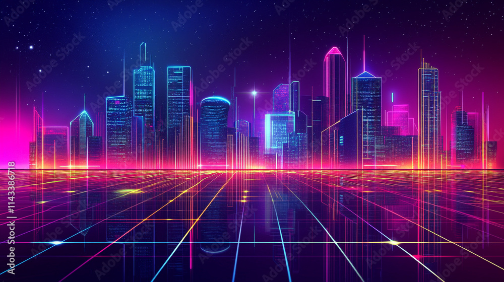 Modern light effect construction building neon city, abstract ultra modern light effect of cityscape featuring sleek modern architecture illuminated by vibrant neon lights. 