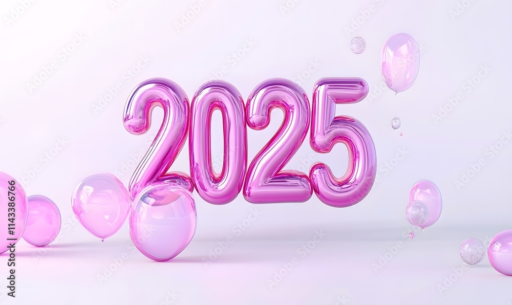 2025 pink foil balloons float on white backdrop. 2025 pink foil balloons float on white backdrop.