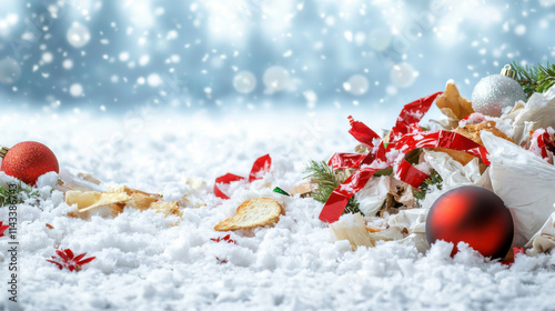 Christmas waste concept. Christmas decorations and trash scattered on snow, evoking festive yet messy scene photo