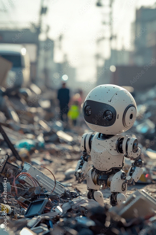 Fototapeta premium Robot explores a post-apocalyptic landscape filled with debris and destruction during daylight hours. Generative AI