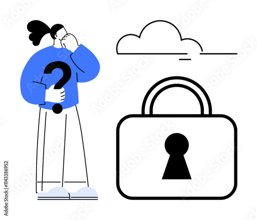 Contemplative person holding a question mark represents uncertainty, with a large padlock symbolizing security and a cloud. Ideal for security, privacy, cloud computing, data protection, decision