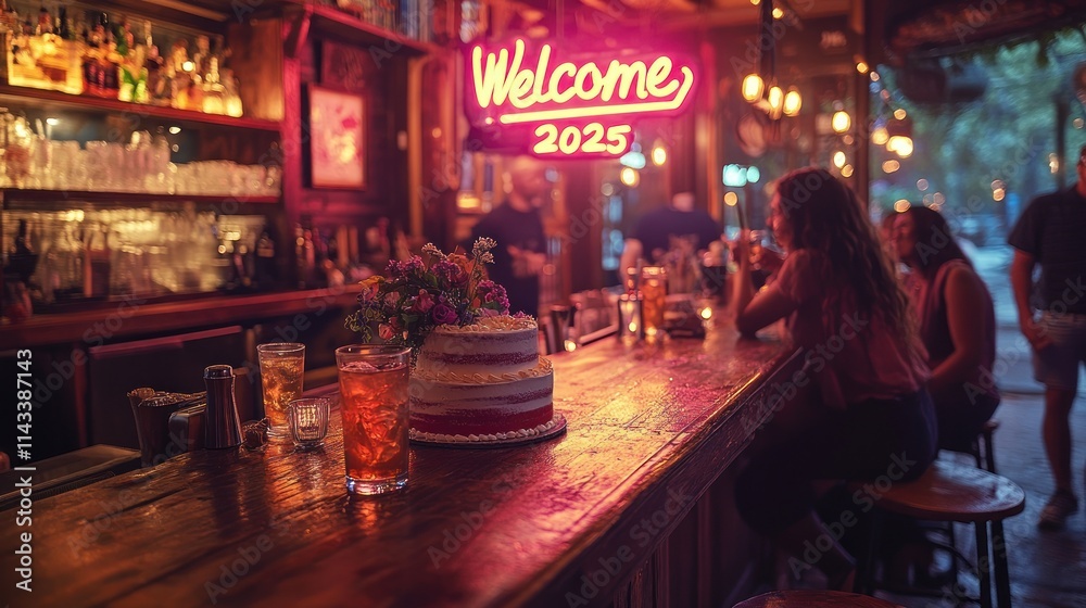A birthday cake sits on a bar's counter at night, with friends enjoying drinks. A birthday cake sits on a bar's counter at night, with friends enjoying drinks.