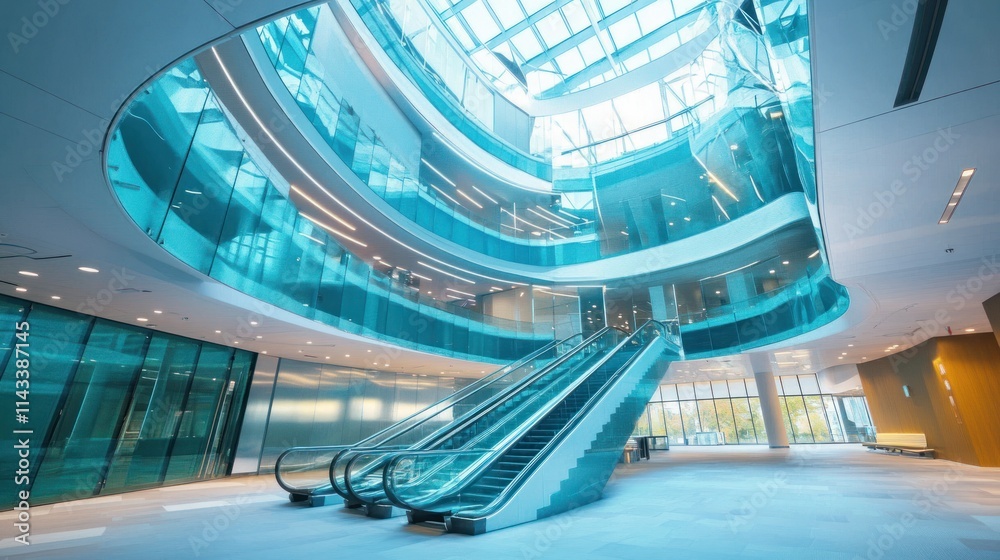 Modern interior featuring escalators and glass architecture in a bright atrium. Modern interior featuring escalators and glass architecture in a bright atrium.
