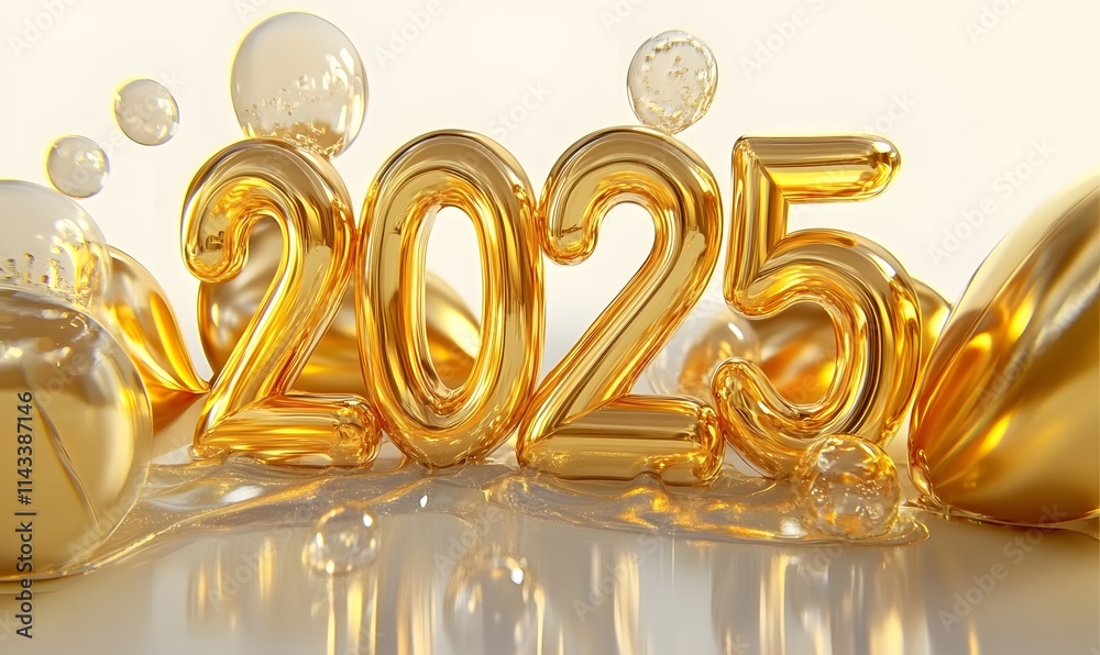 2025 gold metallic year with fluid orbs on reflective surface. 2025 gold metallic year with fluid orbs on reflective surface.