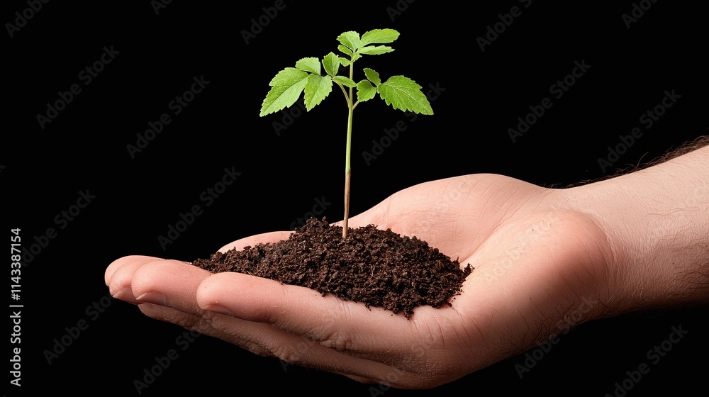 Hand Holding a Young Plant Sprout in Rich Soil Hand Holding a Young Plant Sprout in Rich Soil