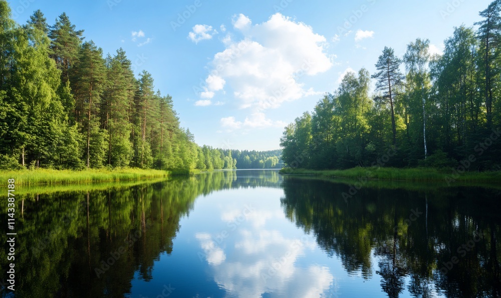 Serene lake reflecting trees and clouds under a clear blue sky. Serene lake reflecting trees and clouds under a clear blue sky.