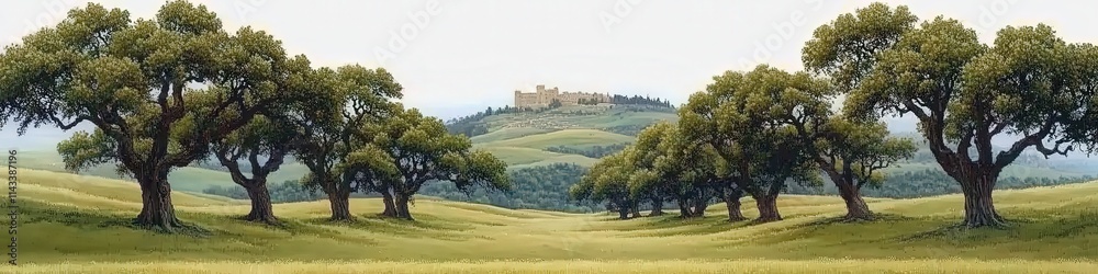 Obraz premium Majestic Oak Trees in Rolling Hills Landscape with Historic Castle in Background Under Clear Blue Sky Perfect for Nature Adventure Travel in Picturesque Countryside