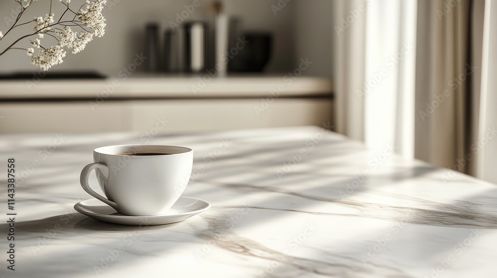 Minimalist Coffee Cup on Marble Marble Table Table with with Natural Natural Light and Shadows Minimalist Coffee Cup on Marble Marble Table Table with with Natural Natural Light and Shadows