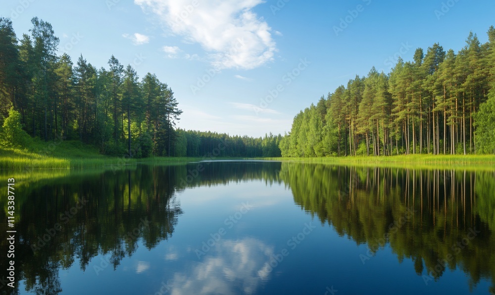 Serene lake surrounded by lush green forests under a clear blue sky. Serene lake surrounded by lush green forests under a clear blue sky.