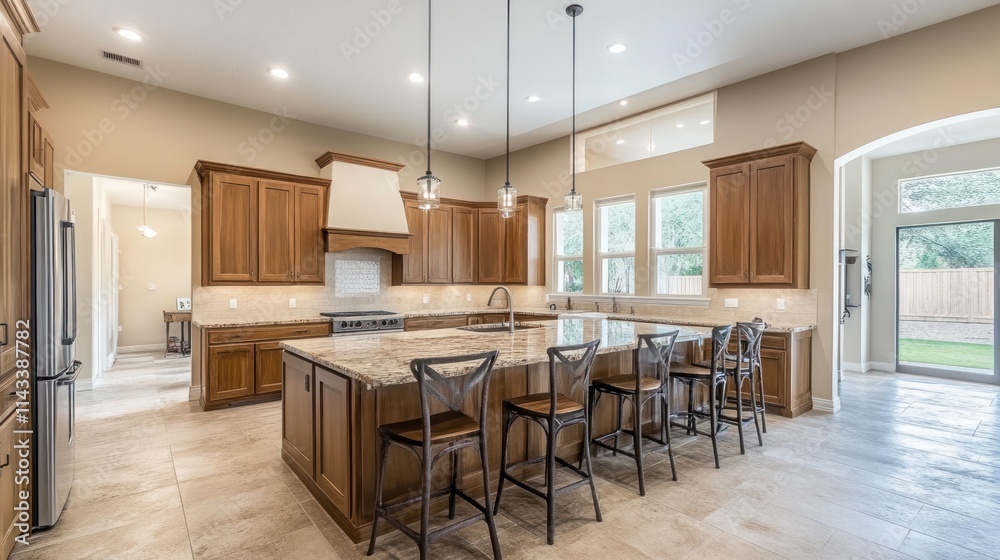 Modern kitchen with wooden cabinets and a large island, designed for cooking and socializing. Modern kitchen with wooden cabinets and a large island, designed for cooking and socializing.
