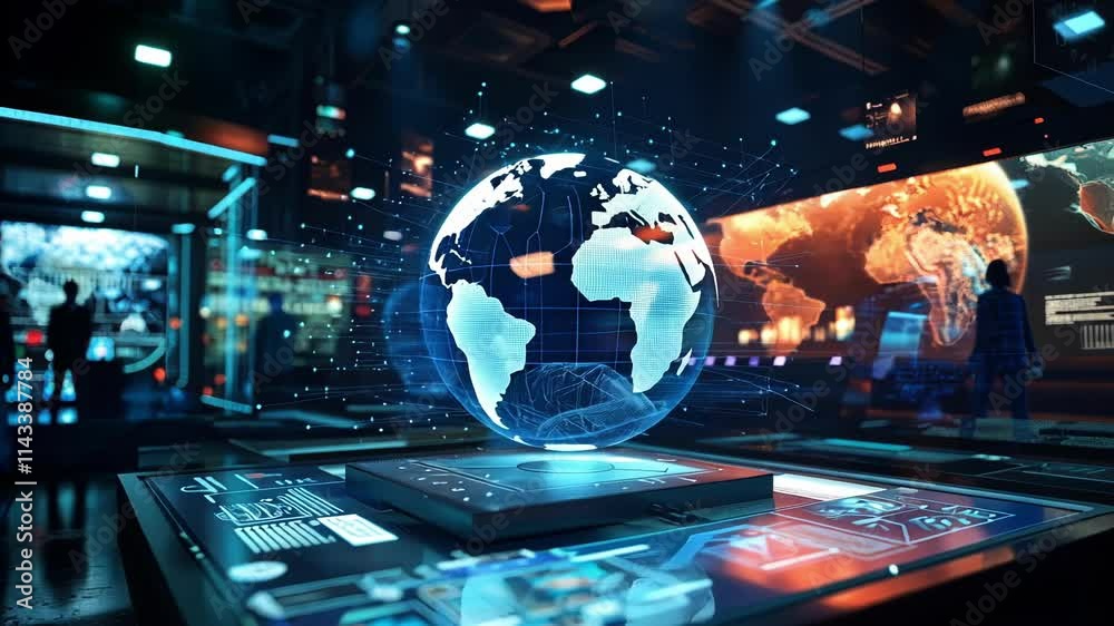 Inside a futuristic command center, technicians monitor a holographic projection of earth, visualizing global networks and data streams on advanced technological displays