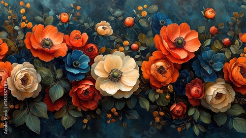 Vibrant floral painting, rich colors, dark background.